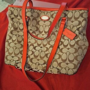 Coach Tan and Red Signature Tote Bag